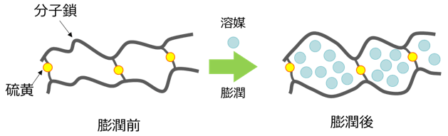 図2.加硫ゴムの溶媒による膨潤の模式図